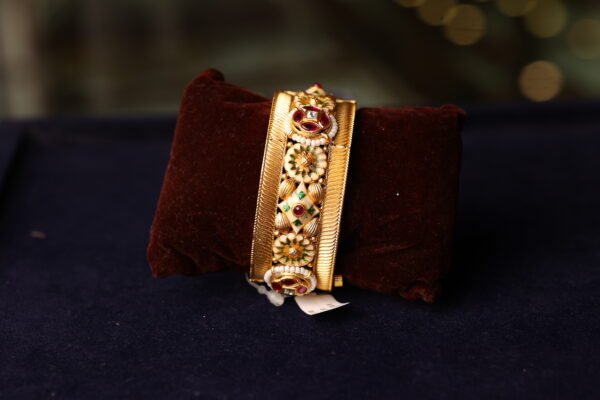 ANTIQUE FINISH SEMI RUBY STONE FITTED BANGLE WITH WHITE BEEDS AND MINAKARI WORK DONE