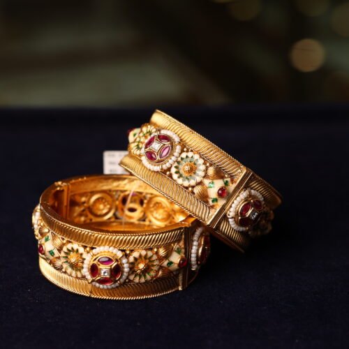 ANTIQUE FINISH SEMI RUBY STONE FITTED BANGLE WITH WHITE BEEDS AND MINAKARI WORK DONE