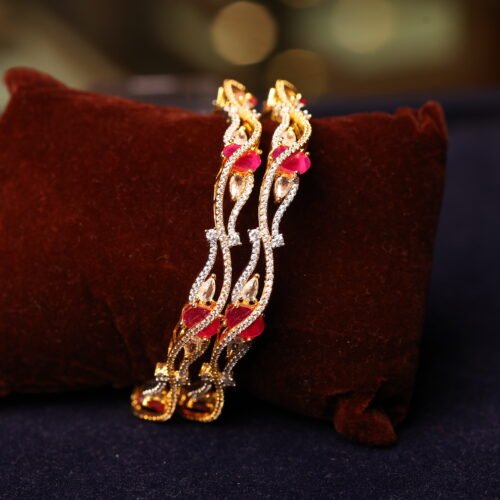GOLD PLATTED WHITE & RUBY STONE FITTED BANGLES
