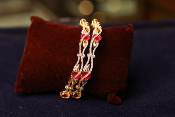 GOLD PLATTED WHITE & RUBY STONE FITTED BANGLES