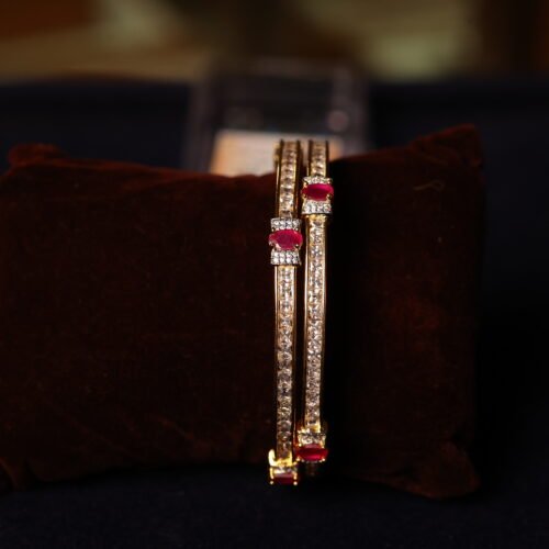 GOLD PLATTED WHITE & RUBY STONE FITTED BANGLES
